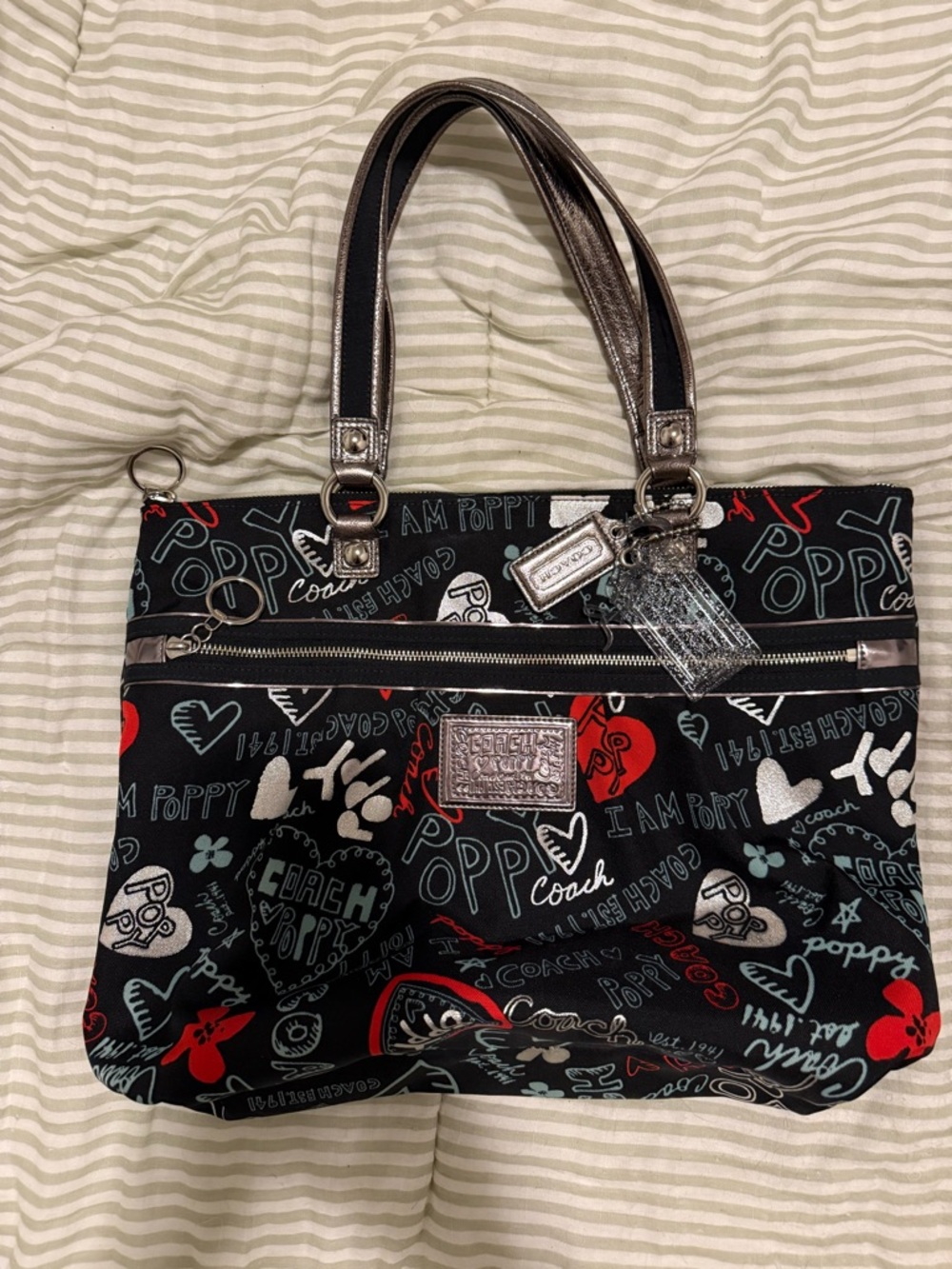 Coach Black Poppy Print Shoulder Bag with Metallic Trim